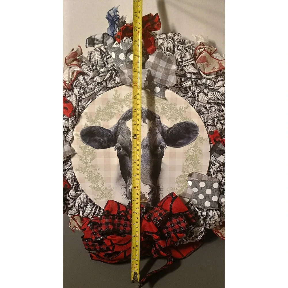 Handmade Cow Wreath Unisex Large Black White Excellent Farmhouse Plaid Mesh